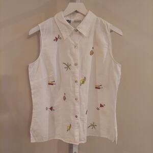 Richard Malcom Irish Linen Sleveless Top XL Novelty Embroidered Cocktail Beach